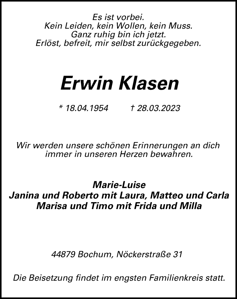  Traueranzeige für Erwin Klasen vom 01.04.2023 aus Tageszeitung