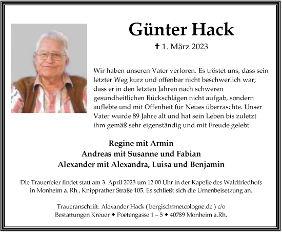 Traueranzeige von Günter Hack von FUNKE Medien NRW GmbH