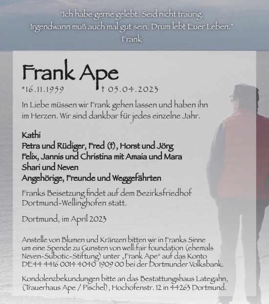 Traueranzeige von Frank Ape von Tageszeitung