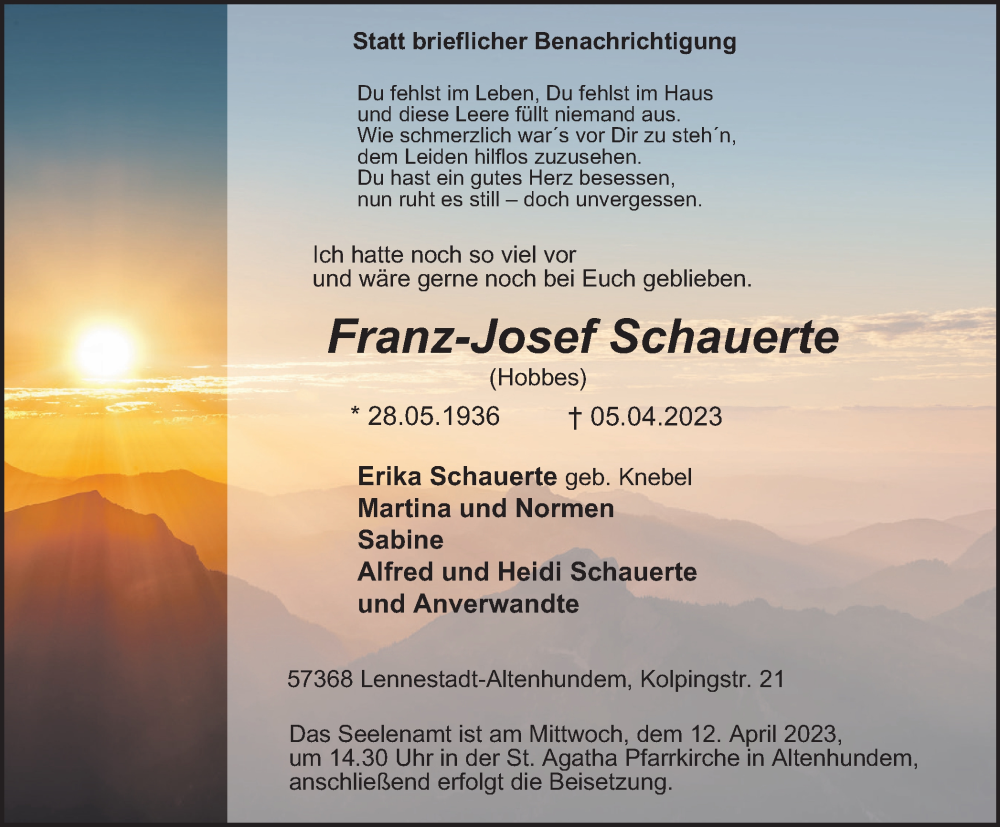  Traueranzeige für Franz-Josef Schauerte vom 08.04.2023 aus Tageszeitung