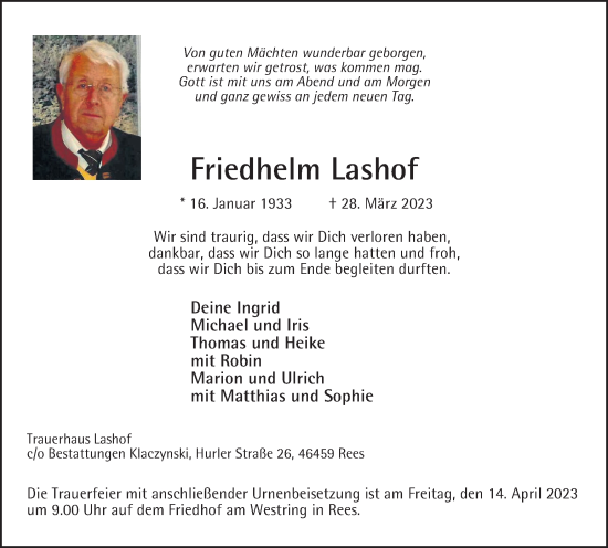 Traueranzeige von Friedhelm Lashof von Tageszeitung