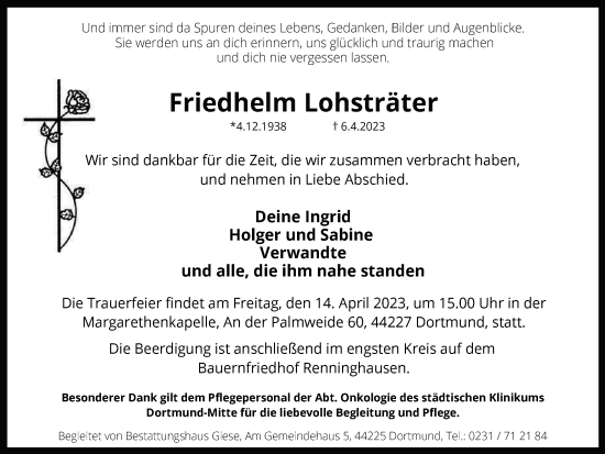 Traueranzeige von Friedhelm Lohsträter von Tageszeitung