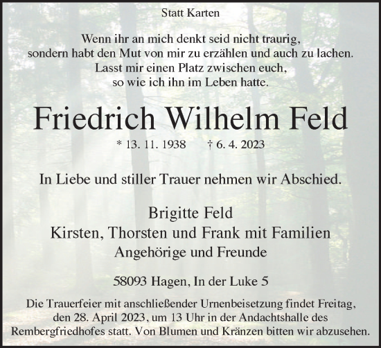 Traueranzeige von Friedrich  Feld von Tageszeitung