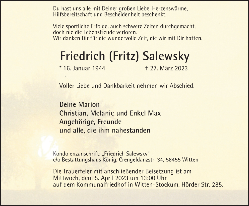  Traueranzeige für Friedrich Salewsky vom 01.04.2023 aus Tageszeitung