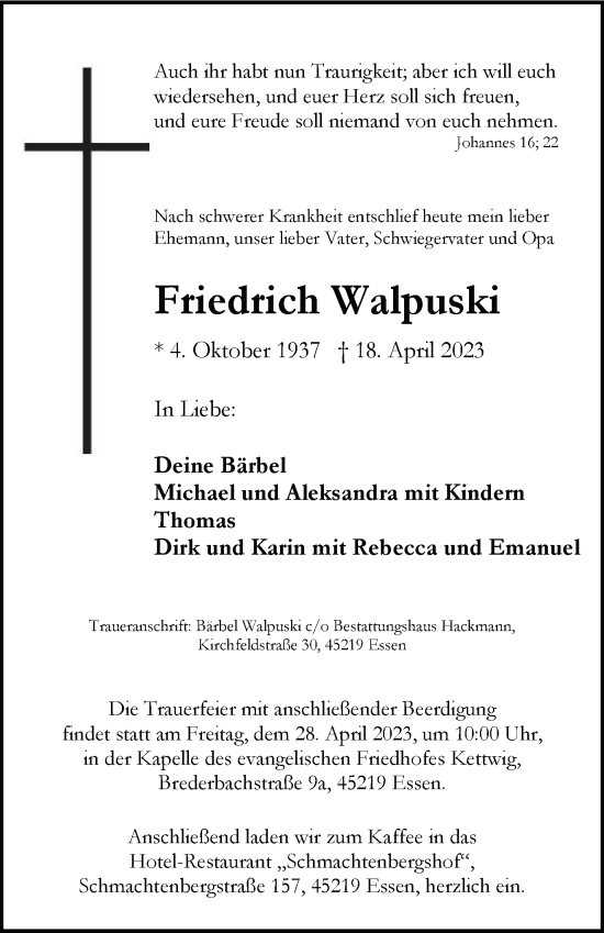 Traueranzeige von Friedrich Walpuski von Tageszeitung
