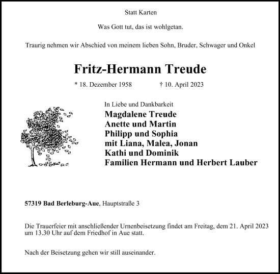 Traueranzeige von Fritz-Hermann Treude von Tageszeitung
