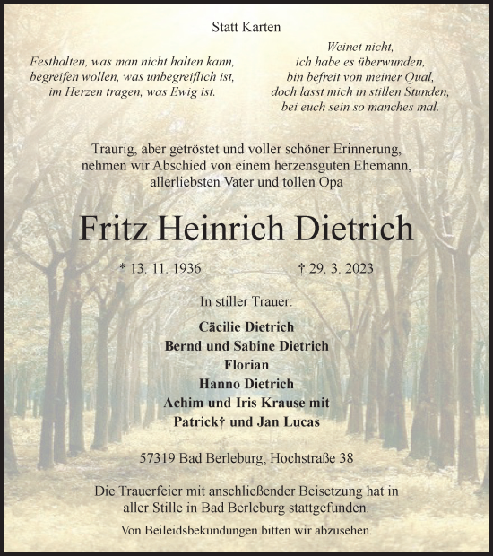 Traueranzeige von Fritz Heinrich Dietrich von Tageszeitung