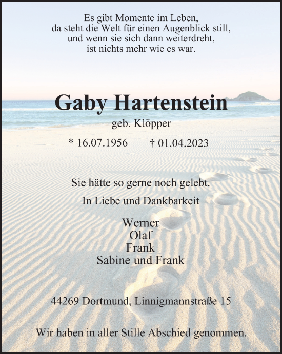 Traueranzeige von Gaby Hartenstein von Tageszeitung