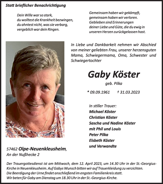 Traueranzeige von Gaby Köster von Tageszeitung