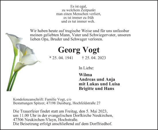 Traueranzeige von Georg Vogt von Tageszeitung