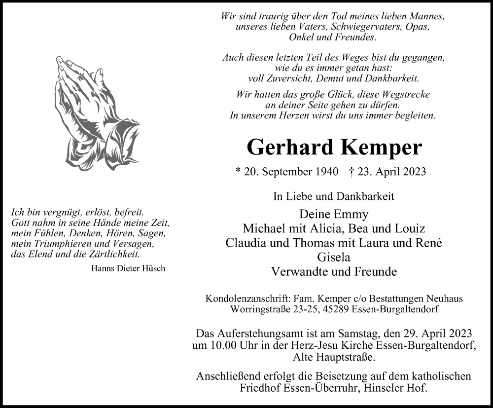  Traueranzeige für Gerhard Kemper vom 28.04.2023 aus Tageszeitung