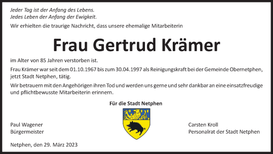 Traueranzeige von Gertrud Krämer von Tageszeitung