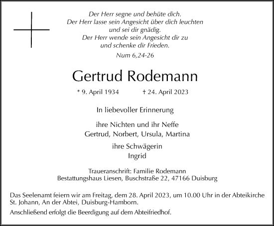 Traueranzeige von Gertrud Rodemann von Tageszeitung