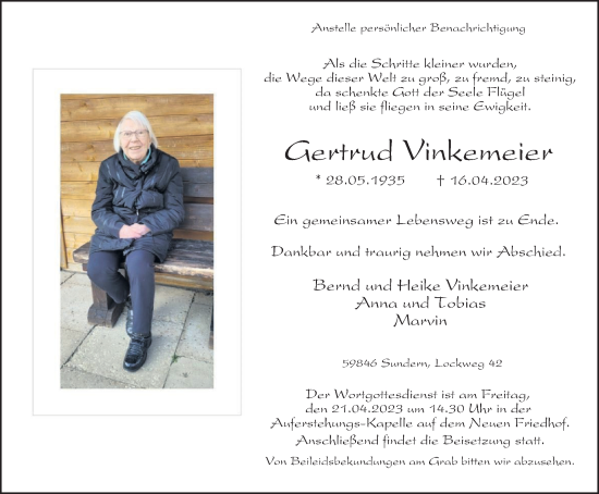 Traueranzeige von Gertrud Vinkemeier von Tageszeitung