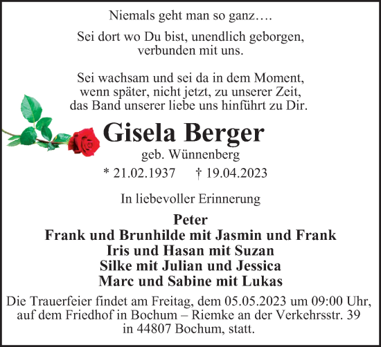Traueranzeige von Gisela Berger von Tageszeitung