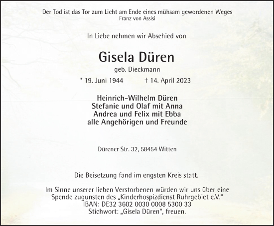 Traueranzeige von Gisela Düren von Tageszeitung