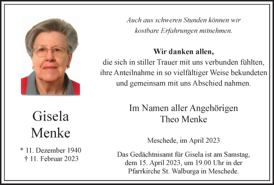Traueranzeige von Gisela Menke von Tageszeitung