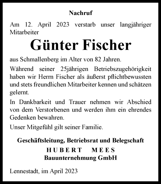 Traueranzeige von Günter Fischer von Tageszeitung
