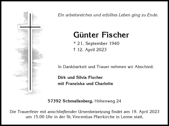 Traueranzeige von Günter Fischer von Tageszeitung