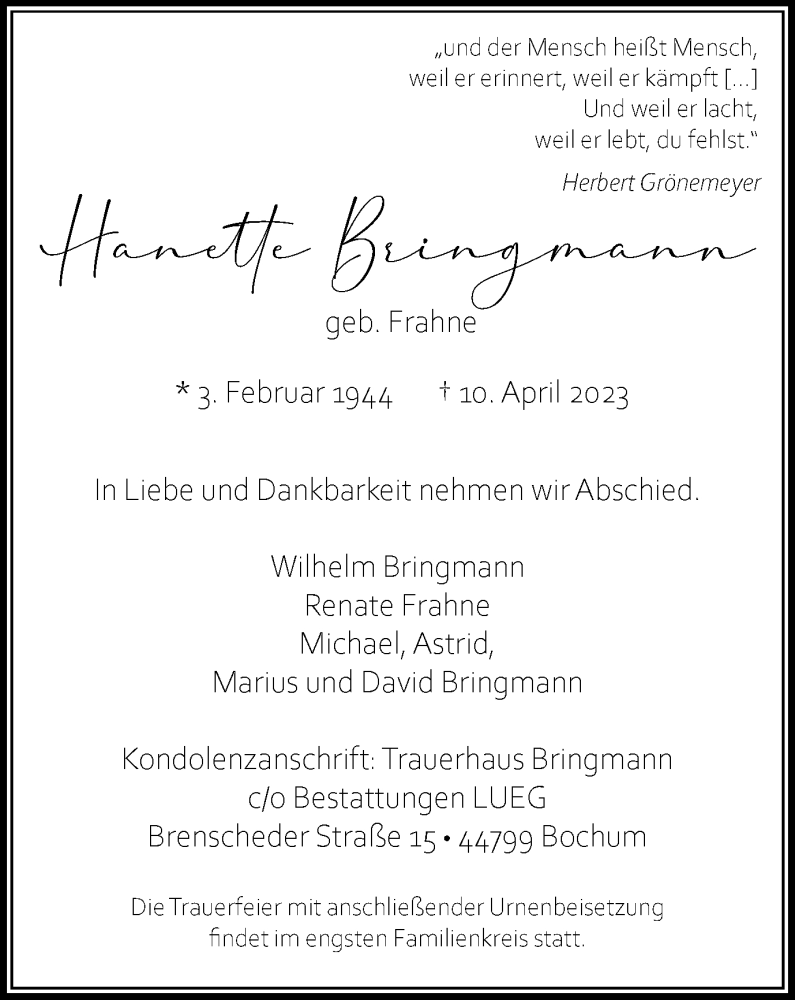  Traueranzeige für Hanette Bringmann vom 15.04.2023 aus Tageszeitung