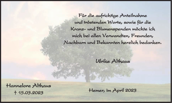 Traueranzeige von Hannelore Althaus von Tageszeitung