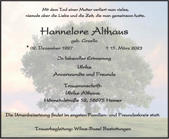 Traueranzeige von Hannelore Althaus von Tageszeitung