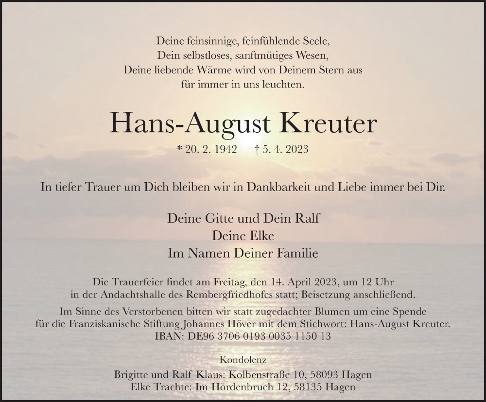  Traueranzeige für Hans-August Kreuter vom 13.04.2023 aus Tageszeitung