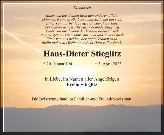 Traueranzeige von Hans-Dieter Stieglitz von Tageszeitung