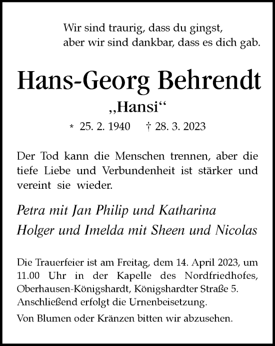 Traueranzeige von Hans-Georg Behrendt von Tageszeitung