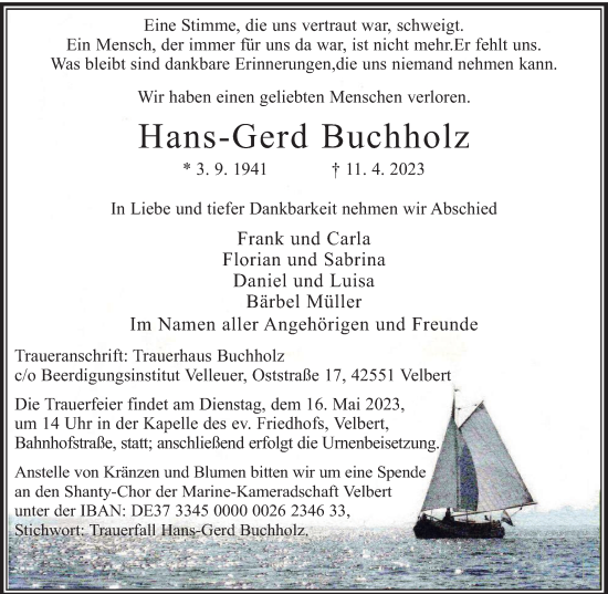 Traueranzeige von Hans-Gerd Buchholz von Tageszeitung