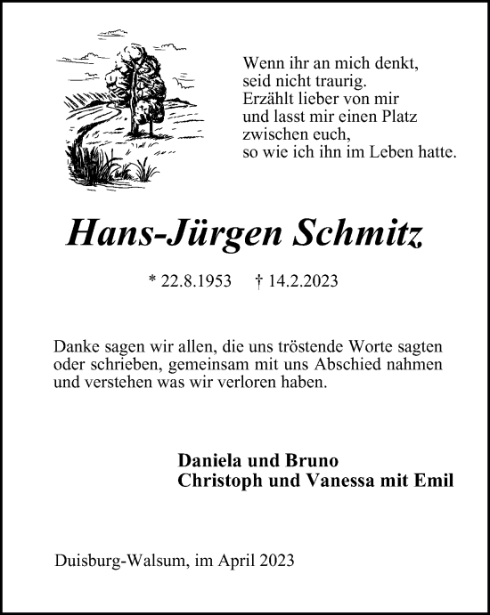 Traueranzeige von Hans-Jürgen Schmitz von Tageszeitung