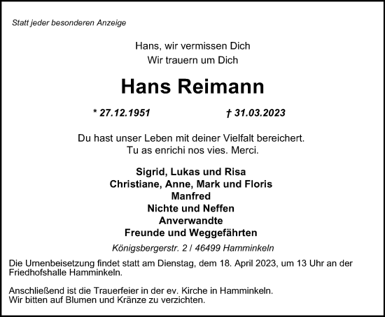 Traueranzeige von Hans Reimann von Tageszeitung