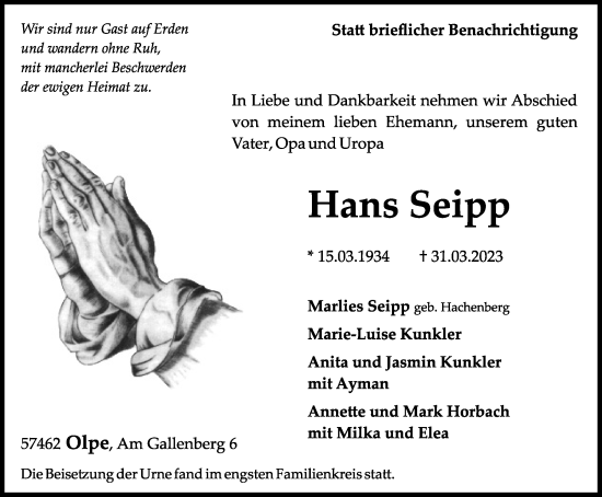 Traueranzeige von Hans Seipp von Tageszeitung