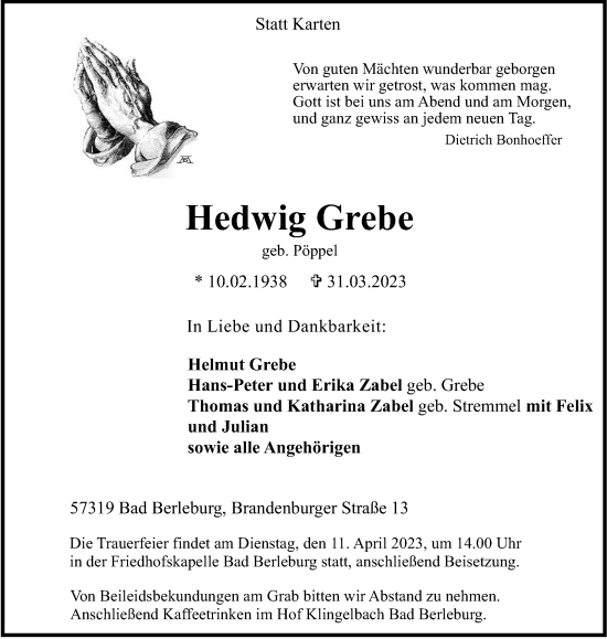 Traueranzeige von Hedwig Grebe von Tageszeitung