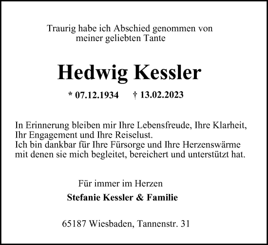 Traueranzeige von Hedwig Kessler von Tageszeitung