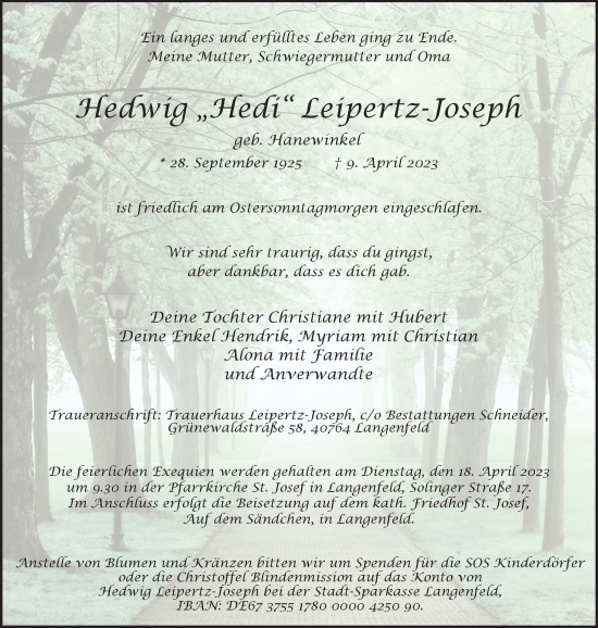 Traueranzeige von Hedwig Leipertz-Joseph von Tageszeitung