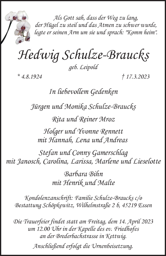 Traueranzeige von Hedwig Schulze-Braucks von Tageszeitung