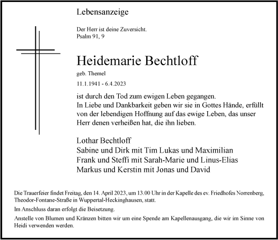 Traueranzeige von Heidemarie Bechtloff von Tageszeitung