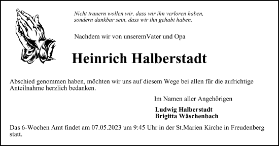 Traueranzeige von Heinrich Halberstadt von Tageszeitung