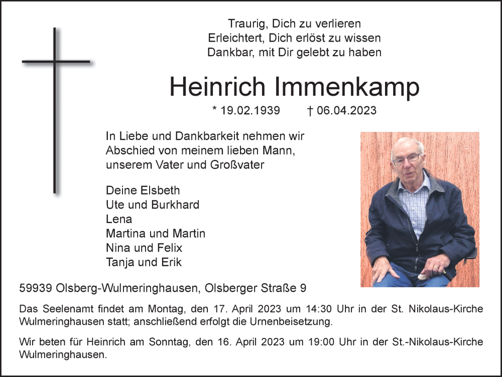  Traueranzeige für Heinrich Immenkamp vom 13.04.2023 aus Tageszeitung