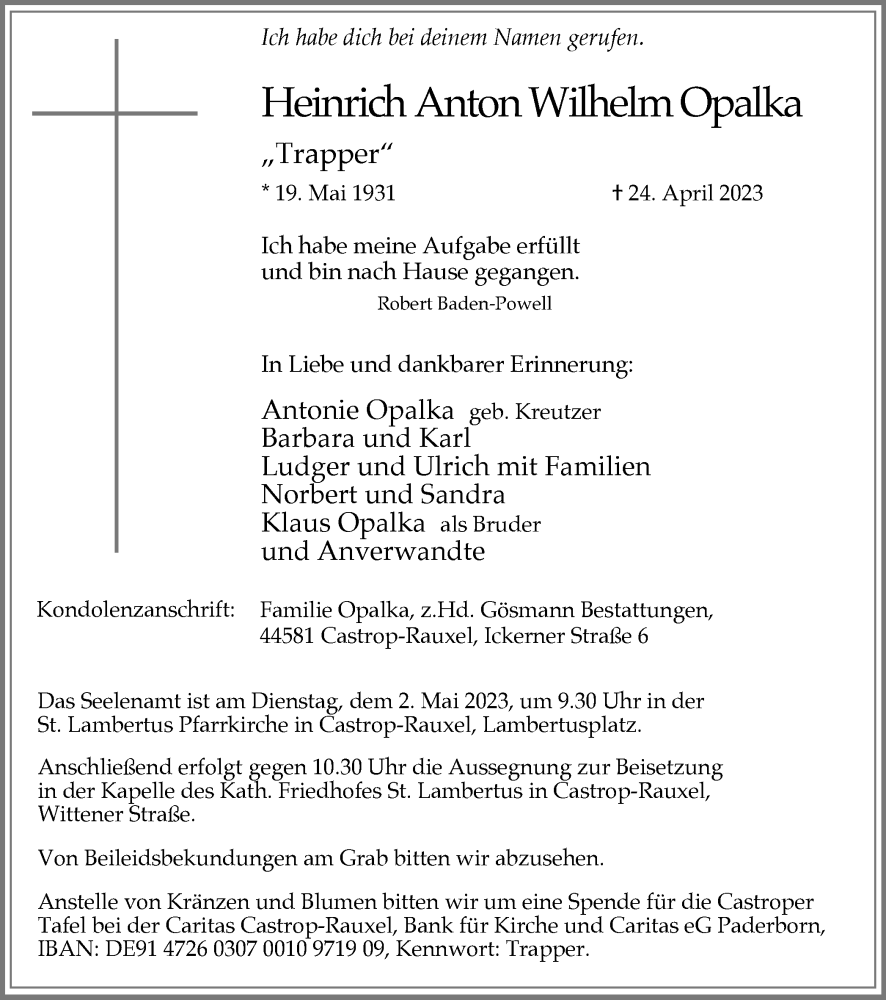  Traueranzeige für Heinrich Anton Wilhelm Opalka vom 29.04.2023 aus Tageszeitung