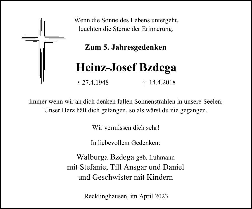  Traueranzeige für Heinz-Josef Bzdega vom 14.04.2023 aus Tageszeitung