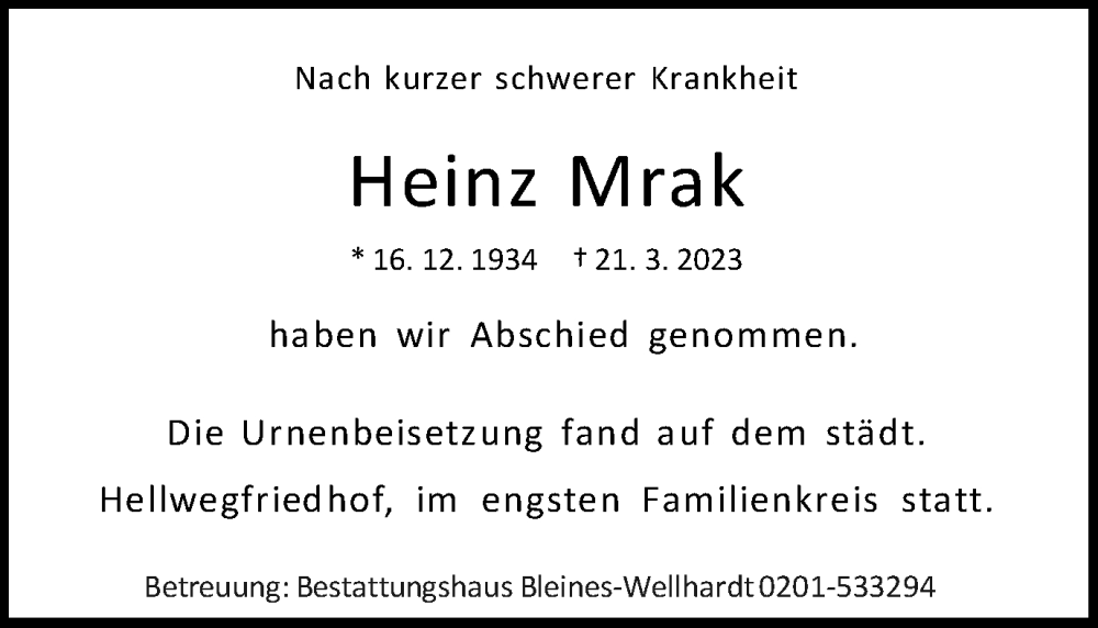  Traueranzeige für Heinz Mrak vom 15.04.2023 aus Tageszeitung
