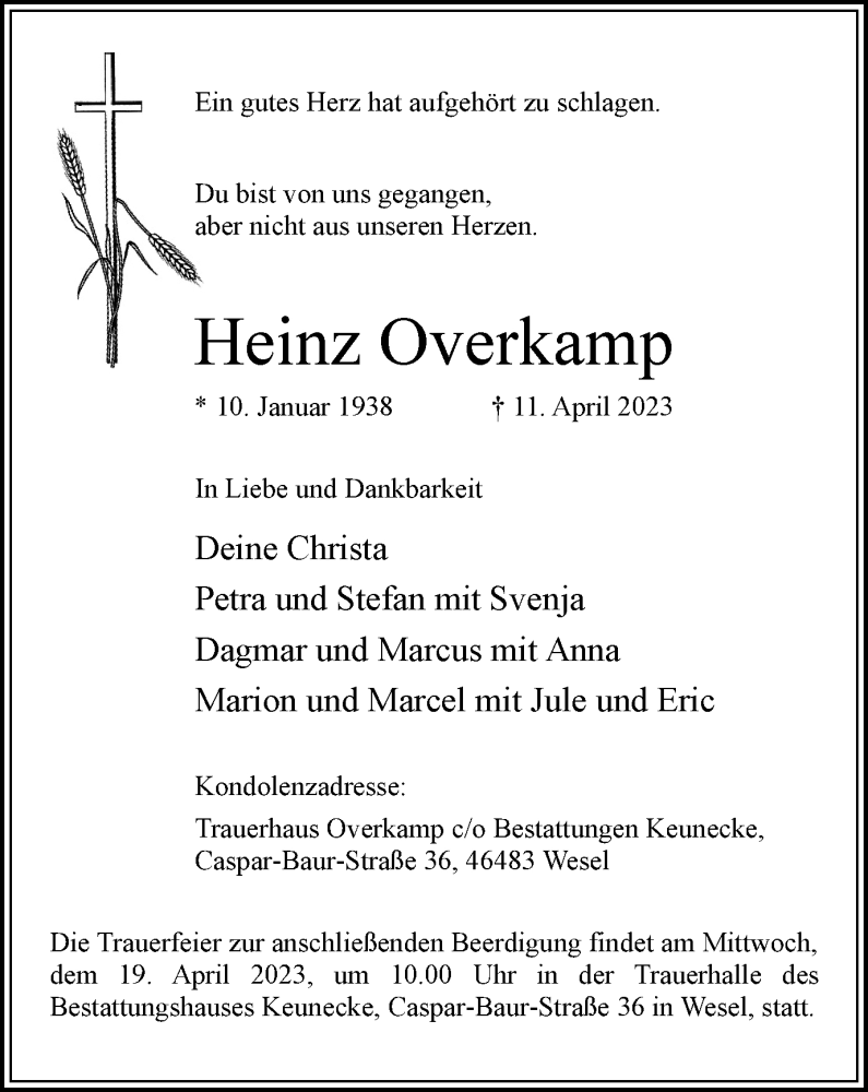 Traueranzeigen Von Heinz Overkamp | Trauer-in-NRW.de