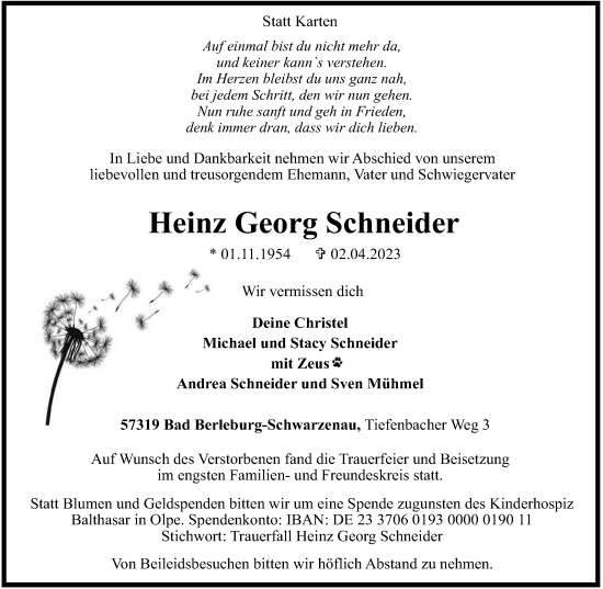 Traueranzeige von Heinz Georg Schneider von Tageszeitung