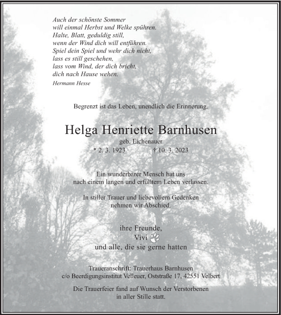 Traueranzeige von Helga  Barnhusen von Tageszeitung