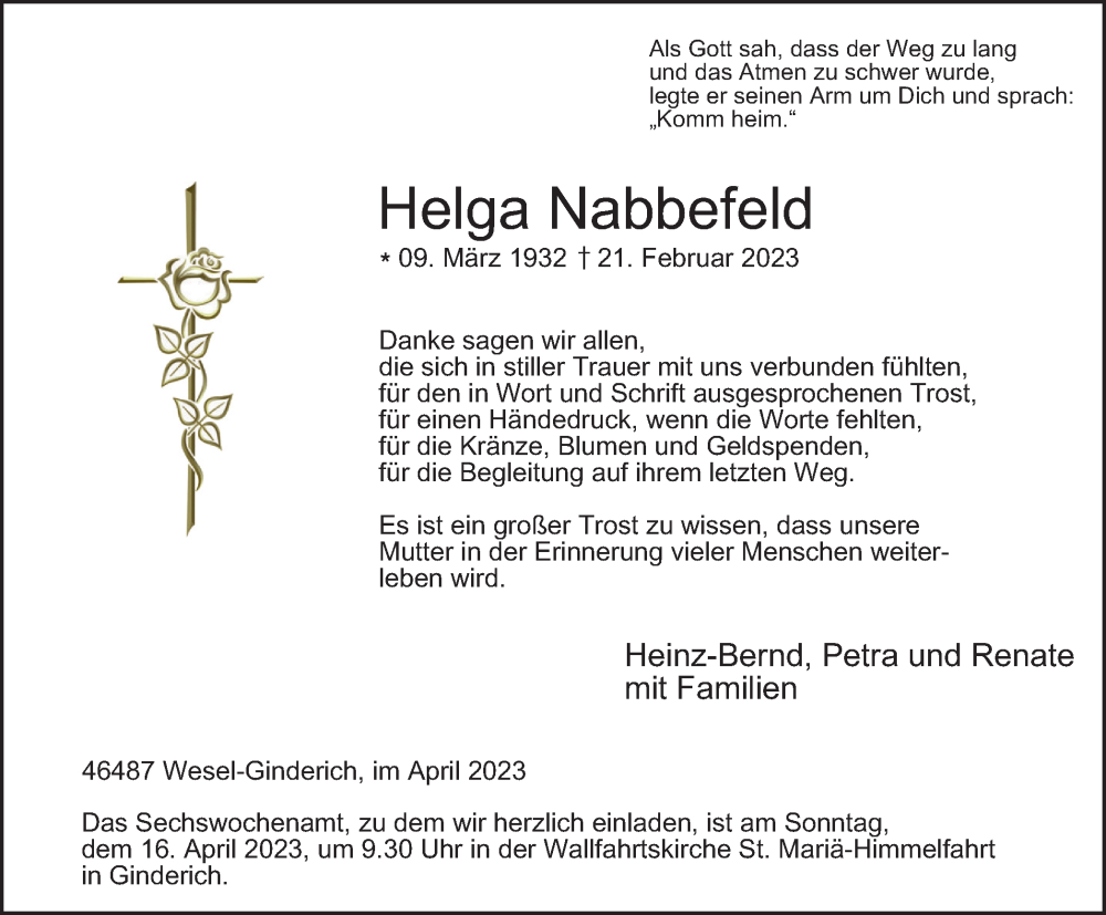  Traueranzeige für Helga Nabbefeld vom 08.04.2023 aus Tageszeitung