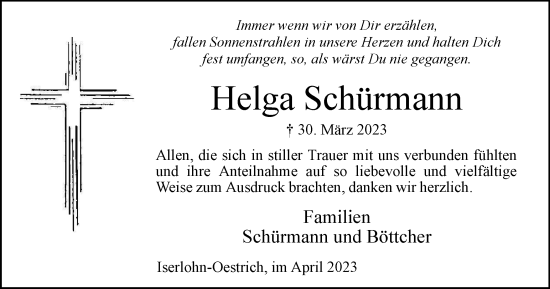 Traueranzeige von Helga Schürmann von Tageszeitung