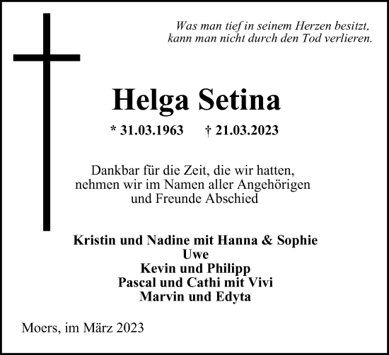 Traueranzeige von Helga Setina von Tageszeitung