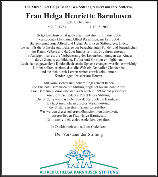Traueranzeige von Helga Henriette Barnhusen von Tageszeitung